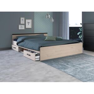 Vente unique Lit avec rangements 160 x 200 cm 2 tiroirs et 1 niche Coloris Naturel Sommier Matelas PABLO