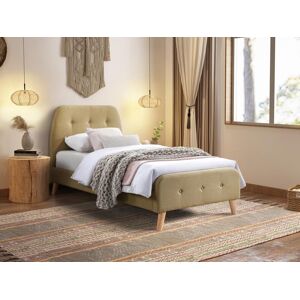 Vente unique Lit 90 x 190 cm avec tete de lit capitonnee Tissu Beige Matelas ROMEO