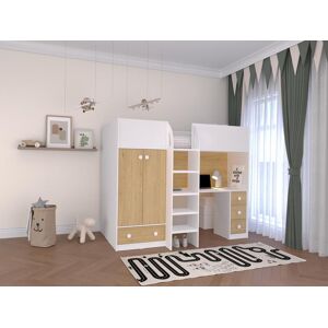 Vente-unique Lit mezzanine 90 x 190 cm avec armoire et bureau - Blanc et naturel + Matelas - CINAMO - Publicité