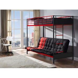 Vente unique Lit mezzanine 90 x 190 cm Avec banquette convertible Metal Noir et rouge Futon MODULO V