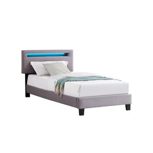 Idimex Lit LED simple 90x190 cm avec sommier, tête de lit réglable en hauteur, en tissu gris, AUSTIN