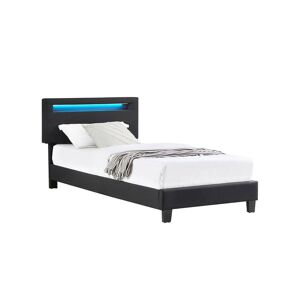 Idimex Lit LED simple 90x190 cm avec sommier, tête de lit réglable en hauteur, en tissu noir, AUSTIN
