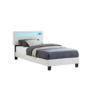 Idimex Lit LED simple 90x190 cm avec sommier, tête de lit réglable en hauteur, en tissu blanc, AUSTIN