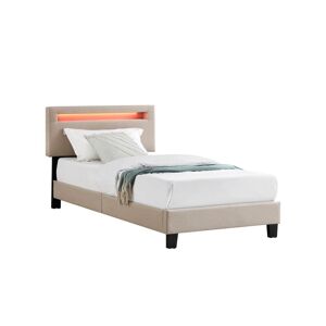 Idimex Lit LED simple 90x190 cm avec sommier, tête de lit réglable en hauteur, en tissu beige, AUSTIN