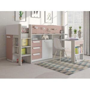 Vente-unique Lit combine 90 x 200 cm - Avec bureau et rangements - Rose, naturel et blanc - LOUKALA