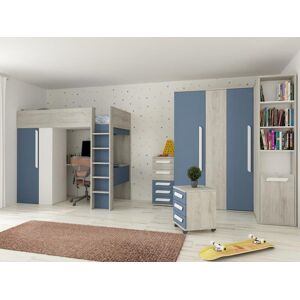 Vente-unique Lit mezzanine 90 x 200 cm avec armoire et bureau - Bleu et blanc - NICOLAS - Publicité