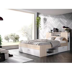 Vente-unique Lit avec tete de lit rangements et tiroirs - 160 x 200 cm - Coloris : Naturel et blanc + Sommier - LEANDRE