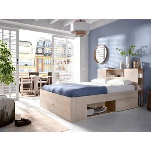 Vente-unique Lit avec tête de lit rangements et tiroirs - 160 x 200 cm - Coloris : Naturel + Sommier + Matelas - LEANDRE - Publicité