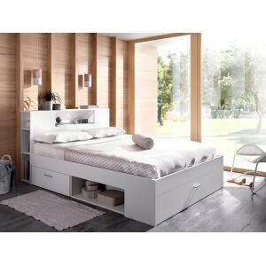 Vente unique Lit avec tete de lit rangements et tiroirs 160 x 200 cm Coloris Blanc Sommier Matelas LEANDRE