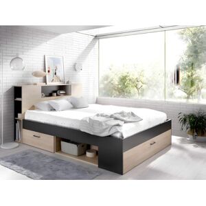 Vente unique Lit avec tete de lit rangements et tiroirs 160 x 200 cm Coloris Naturel et anthracite Sommier Matelas LEANDRE