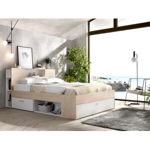 Vente-unique Lit avec tête de lit rangements et tiroirs - 140 x 190 cm - Coloris : Naturel et blanc + Sommier + Matelas - LEANDRE