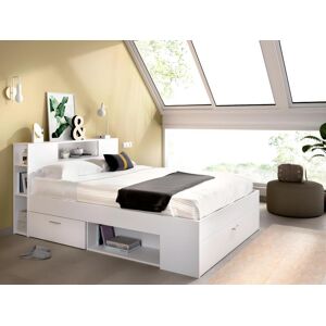 Vente-unique Lit avec tête de lit rangements et tiroirs - 140 x 190 cm - Coloris : Blanc + Sommier + Matelas - LEANDRE