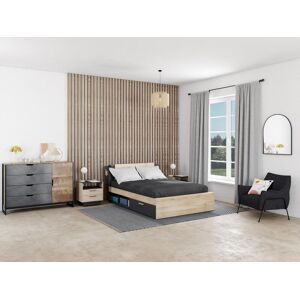 Vente-unique Lit modulable 140 x 190/200 cm avec rangements - Coloris : Naturel et noir - ERALIA