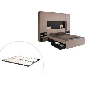 Vente-unique Lit pont 140 x 190 cm avec rangements - Avec LEDs - Coloris : Naturel et noir + Sommier - VELONA