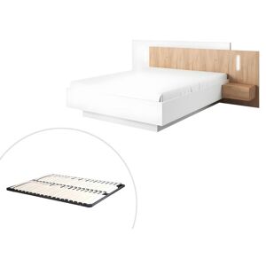 Vente-unique Lit avec chevets 160 x 200 cm - 2 tiroirs - Avec LEDs - Coloris : Blanc et naturel + Sommier - FRANCOLI