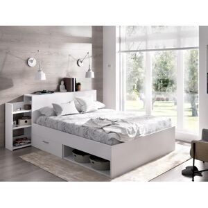 Vente-unique Lit avec tete de lit rangements et tiroirs 140 x 190 cm - Coloris : Blanc + Sommier - FLORIAN