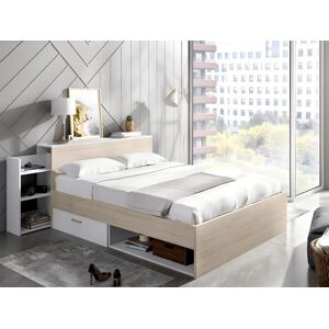 Vente-unique Lit avec tete de lit rangements et tiroirs 140 x 190 cm - Coloris : Naturel et blanc + Sommier - FLORIAN