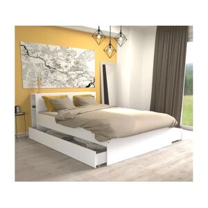 Vente-unique Lit avec tete de lit rangements et tiroirs 160 x 200 cm - Blanc + Sommier - EUGENE