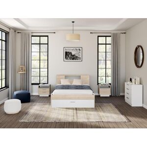 Vente unique Lit avec tete de lit rangements et tiroirs 160 x 200 cm Coloris Naturel et blanc Chevets LEANDRE
