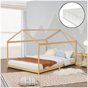 [en.casa] Lit cabane Vindafjord pour enfant 140 x 200 cm avec matelas sommier à lattes bambou naturel [en.casa]