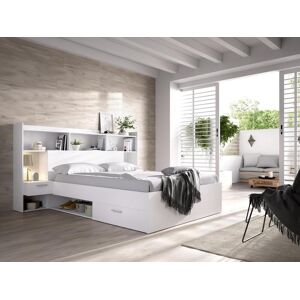 Vente-unique Lit avec rangements et chevets integres - 140 x 190 cm - Blanc + Sommier + Matelas - KEVIN