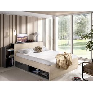 Vente-unique Lit avec tete de lit rangements et tiroirs 140 x 190 cm - Coloris : Naturel et anthracite + Sommier + Matelas - FLORIAN