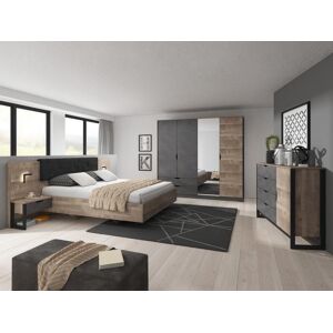 Vente unique Ensemble lit avec chevets 160 x 200 cm Sommier Matelas Commode Armoire Coloris Naturel et anthracite LAONILE