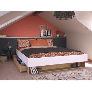 Vente-unique Lit avec tiroir et niche 160 x 200 cm - Coloris : Blanc et naturel + Sommier + Matelas - MISTA