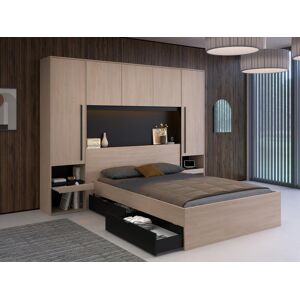 Vente-unique Lit pont 140 x 190 cm avec rangements - Avec LEDs - Coloris : Naturel et noir + Sommier + Matelas - VELONA