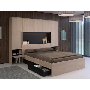 Vente-unique Lit pont 160 x 200 cm avec rangements - Avec LEDs - Coloris : Naturel et noir + Sommier + Matelas - VELONA