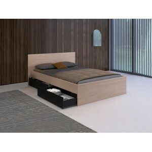 Vente-unique Lit avec 2 tiroirs 140 x 190 cm - Coloris : Naturel et noir + Sommier + Matelas - VELONA - Publicité