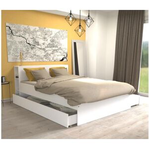 Vente unique Lit avec tete de lit rangements et tiroirs 160 x 200 cm Blanc Sommier Matelas EUGENE