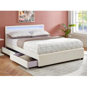 Vente unique Lit 140 x 190 cm avec rangements Simili blanc avec LEDs Matelas ALOIS II