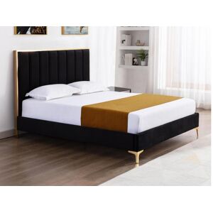 Vente unique Lit 160 x 200 cm avec tete de lit coutures verticales Velours Noir et dore Matelas CLARISSE