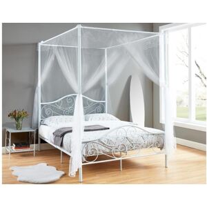 Vente-unique Lit a baldaquin 140 x 190 cm - Metal - Blanc + Matelas - LEYNA