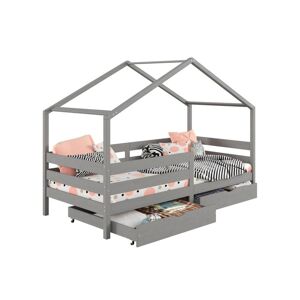 Lit cabane ENA lit enfant simple montessori 90 x 190 cm, avec 2 tiroirs de rangement, en pin massif lasuré gris