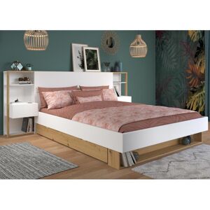 Vente unique Lit avec chevets et rangements 160 x 200 cm Coloris Blanc et naturel Sommier Matelas MISTA