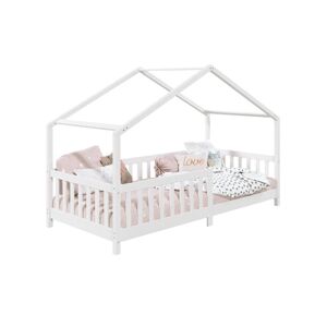 Idimex Lit cabane enfant 90x190 cm LISAN lit Simple montessori avec Barrières de Protection en Bois Massif lasuré blanc