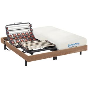 Vente-unique.com Lit électrique relaxation lattes et plots matelas mémoire forme DIONYSOS de DREAMEA - moteurs OKIN - chêne naturel - 2 x 90 x 200 cm