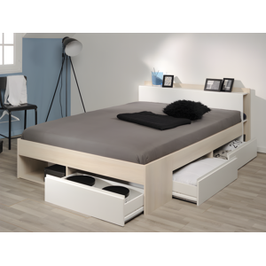 Vente-unique Lit avec rangements 140 x 200 cm - Coloris : Blanc et naturel + Sommier + Matelas - DEBAR - Publicité