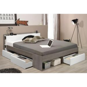 Vente unique Lit avec rangements 140 x 200 cm Coloris Taupe et blanc Sommier Matelas DEBAR