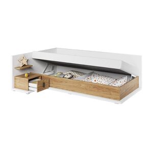 petitechambre.fr MASSI - Lit 90 cm x200 cm avec coffre de rangement et matelas blanc et chene hickory   Panneaux Stratifies