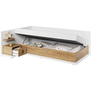 petitechambre.fr Lit 90x200 avec coffre de rangement et matelas MASSI blanc et chêne hickory   Panneaux Stratifiés