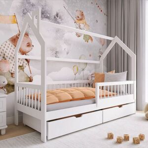 petitechambre.fr Lit cabane pour chambre enfant OSKAR avec tiroir de rangement   Blanc   80 cm x 200 cm   Pin Massif