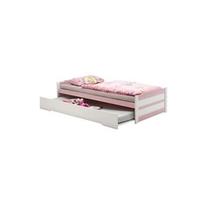 Idimex Lit gigogne LORENA enfant 1 place tiroir lit fonctionnel 90 x 200 cm pin massif lasuré blanc et rose - Publicité