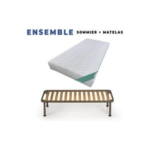 GENERIQUE Lot de 2 Matelas 80x200 + Sommiers + pieds + 2 Oreillers Mémoire + 2 Protèges Matelas Offerts Mousse Poli Lattex Indéformable - Déhoussable Housse - Publicité