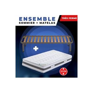 GENERIQUE Lot de 2 Matelas 80x200 + Sommiers + pieds + Oreillers Mémoire + Protèges Matelas Offerts Mémoire de Forme - 23 cm - Très Ferme - Publicité