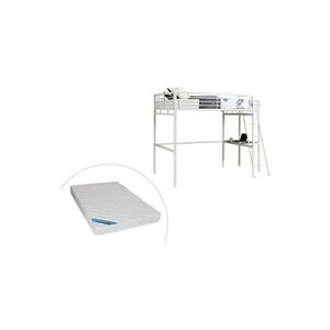 Vente-Unique.com Lit mezzanine CASUAL II - 140 x 190 cm - plateforme bureau - Blanc + matelas - Publicité