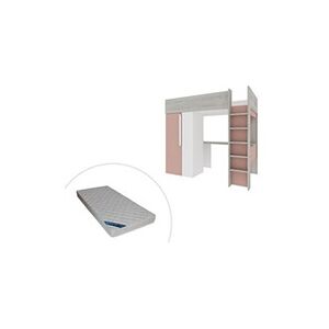 Vente-Unique.com Lit mezzanine 90 x 200 cm avec armoire et bureau - Rose et blanc + matelas - NICOLAS - Publicité