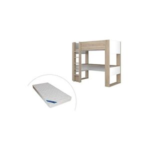 Vente-Unique.com Lit mezzanine avec bureau et rangements intégrés - 90 x 200 cm - Chêne et blanc + matelas - NOAH II - Publicité